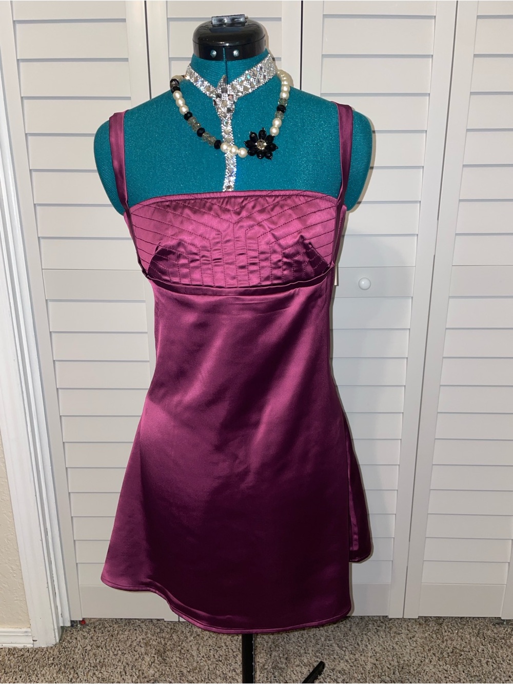 Plum Satin Mini Dress with Quilted Bodice